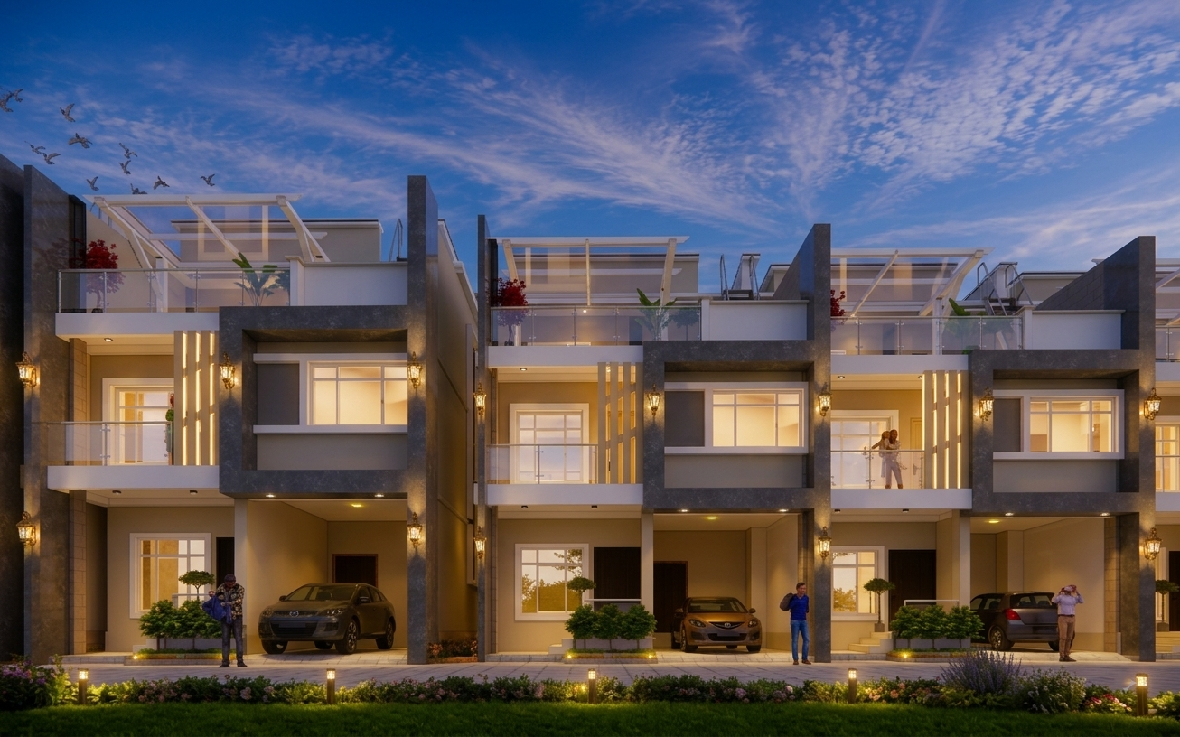 Neer Abode villa exterior at dusk